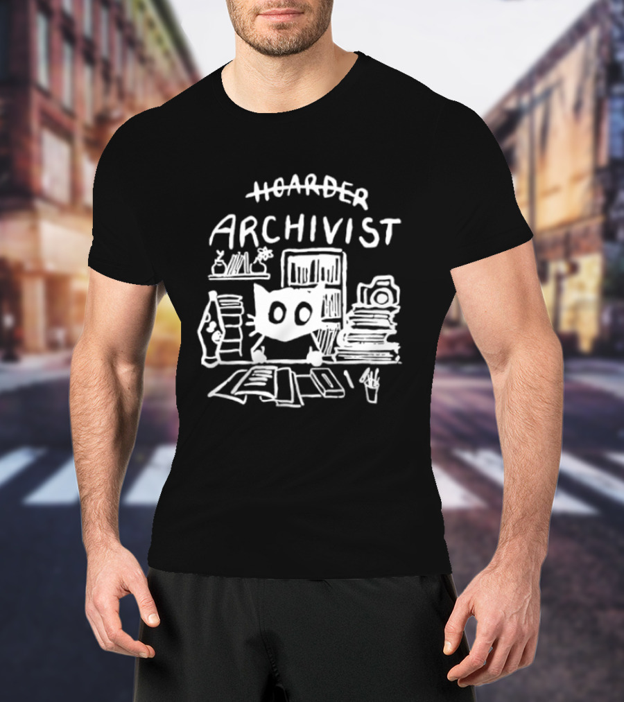 Hoarder Archivist Cat Surrounded By Books And Files T-Shirt