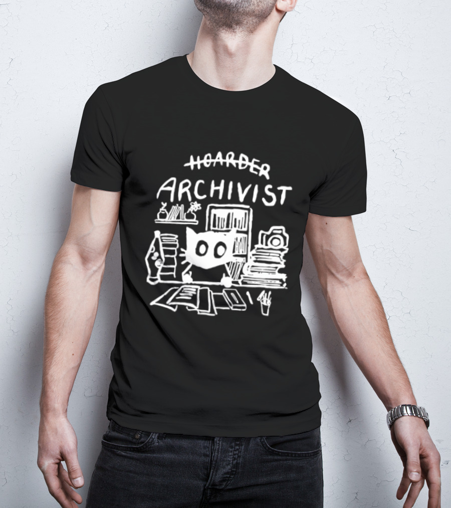 Hoarder Archivist Cat Surrounded By Books And Files T-Shirt