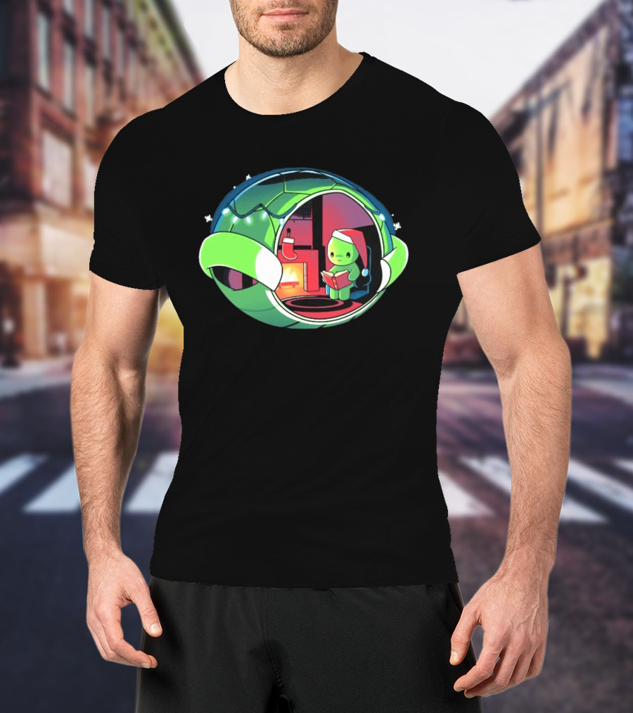 Christmas Turtle Cozy Holiday Scene With Santa Hat And Fireplace T-Shirt