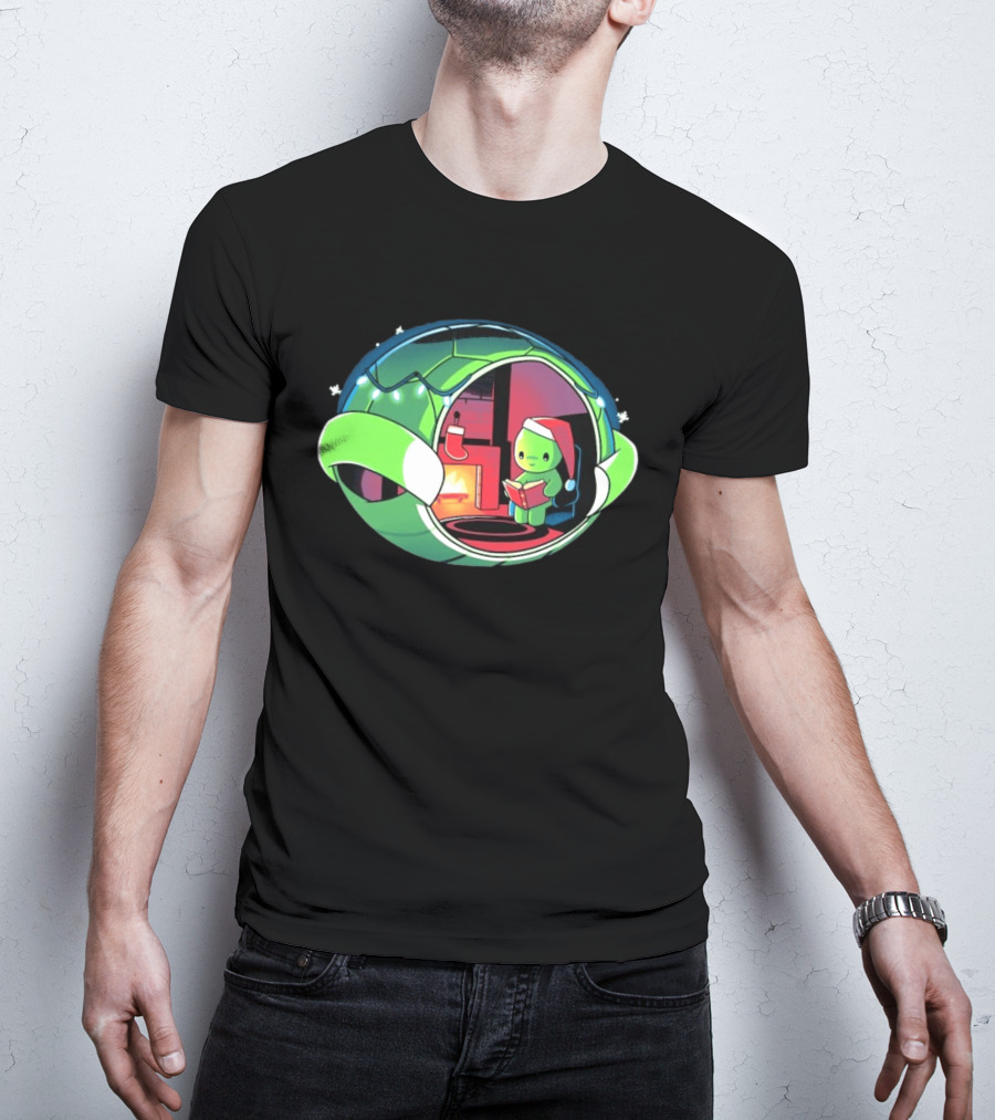 Christmas Turtle Cozy Holiday Scene With Santa Hat And Fireplace T-Shirt