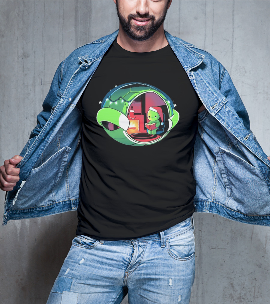 Christmas Turtle Cozy Holiday Scene With Santa Hat And Fireplace T-Shirt