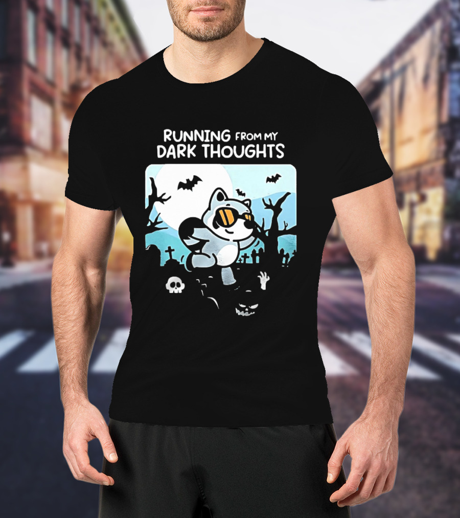 Raccoon Running From My Dark Thoughts Moonlight Bats And Graveyard Scene T-Shirt