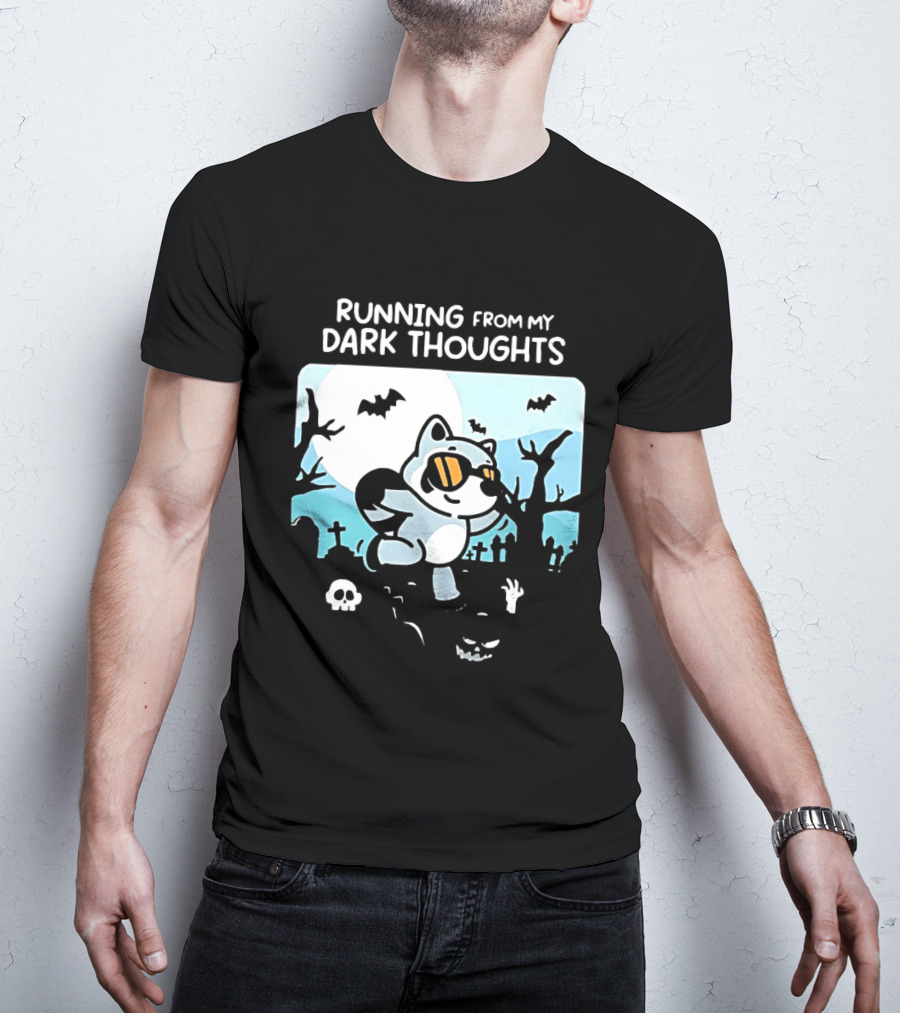 Raccoon Running From My Dark Thoughts Moonlight Bats And Graveyard Scene T-Shirt