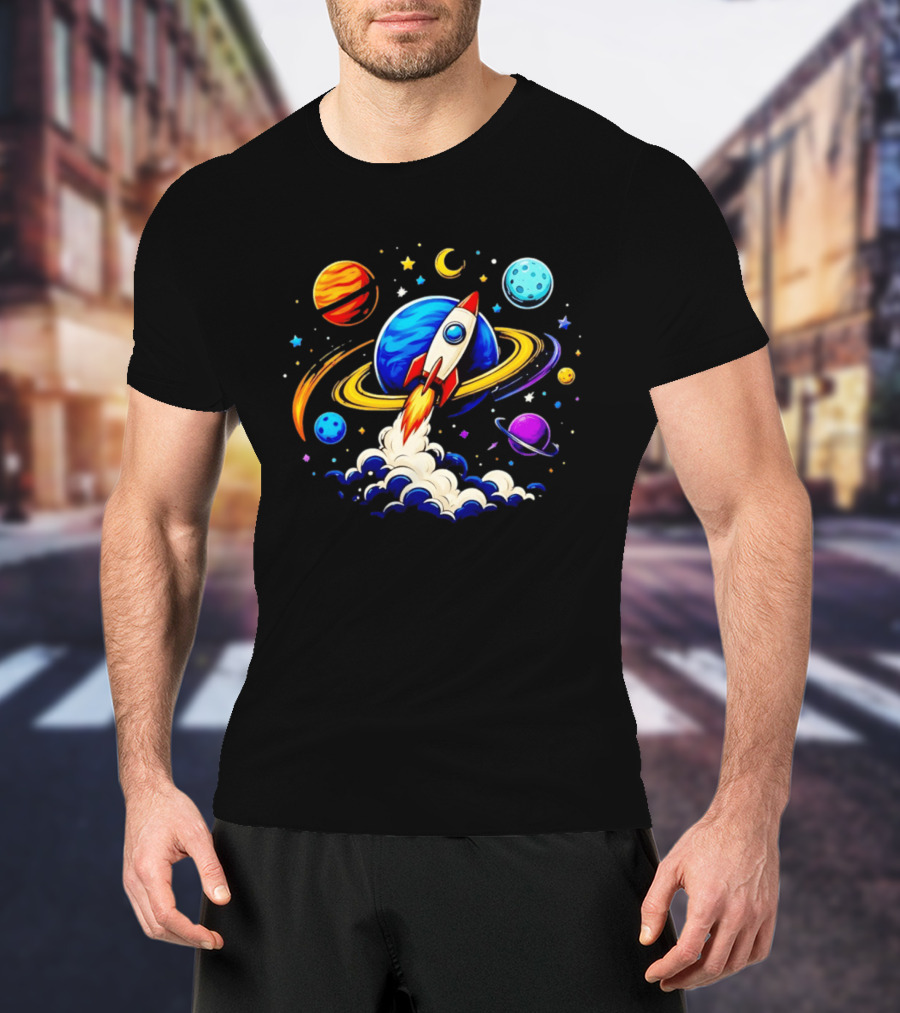 Space Rocket Launch With Vibrant Orbiting Planets And Stars T-Shirt