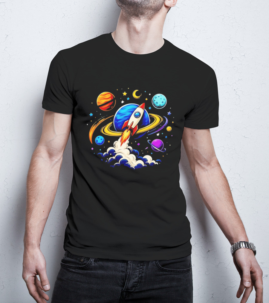 Space Rocket Launch With Vibrant Orbiting Planets And Stars T-Shirt