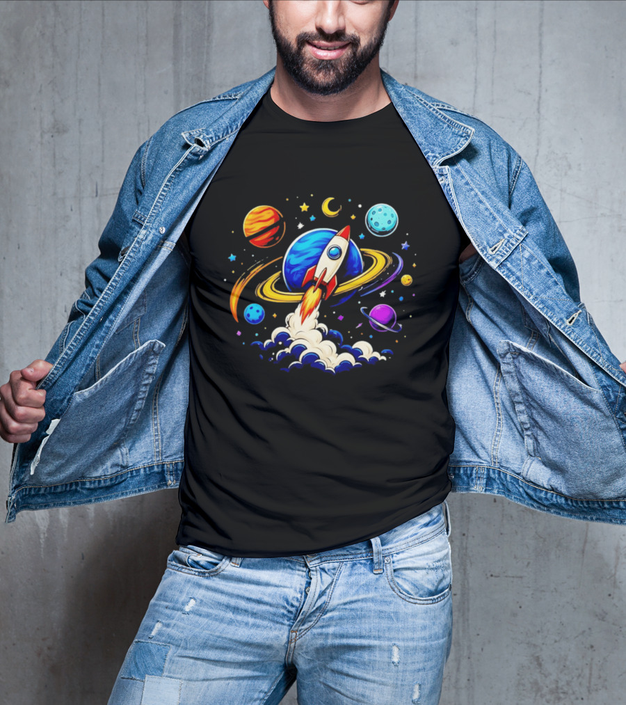 Space Rocket Launch With Vibrant Orbiting Planets And Stars T-Shirt