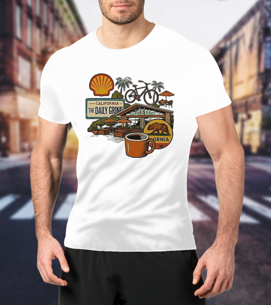 California The Daily Grind Shell Coffee Bear Bike Palms T-Shirt