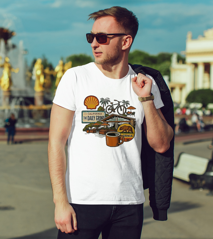 California The Daily Grind Shell Coffee Bear Bike Palms T-Shirt