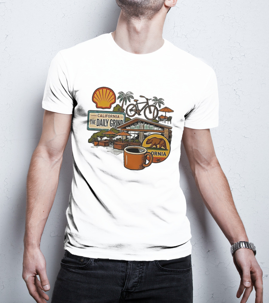 California The Daily Grind Shell Coffee Bear Bike Palms T-Shirt