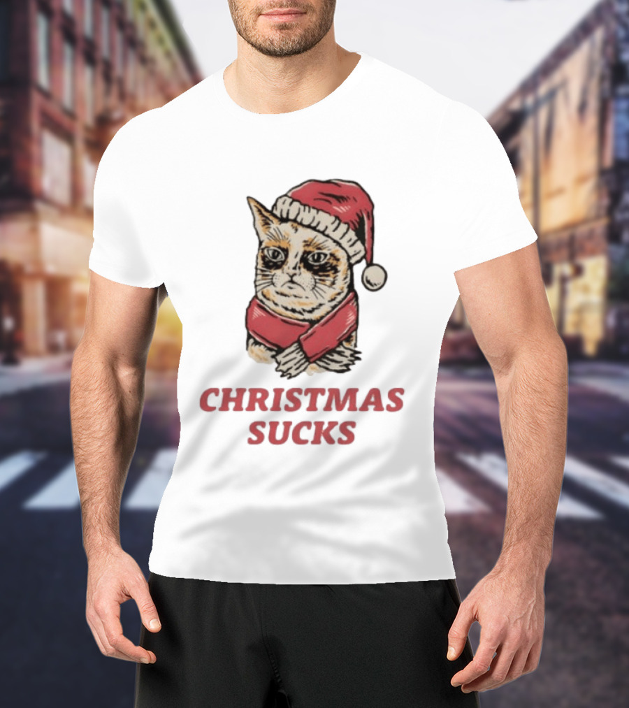 Cat Santa Hat Christmas Sucks Grumpy Humor T-Shirt