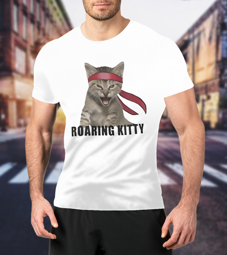 Roaring Kitty Kitten In Red Headband Stock Market Meme T-Shirt