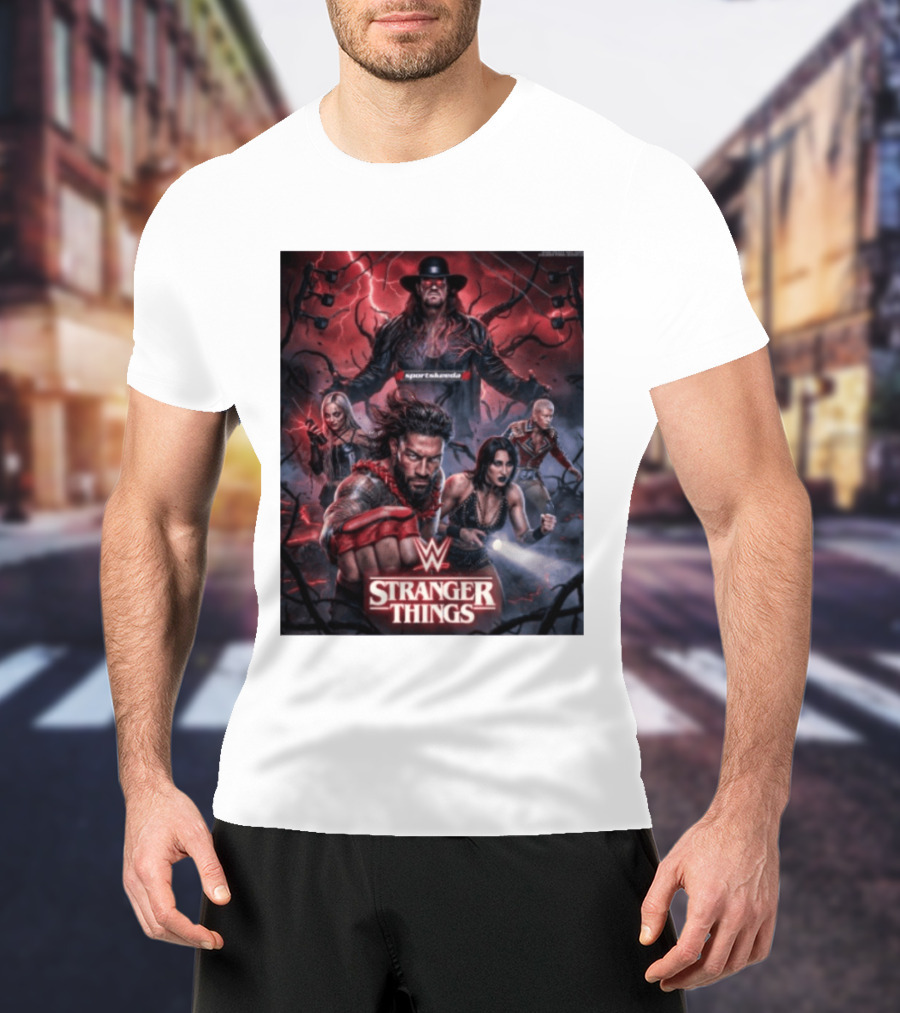 WWE And Stranger Things Crossover With The Undertaker, Roman Reigns, Cody Rhodes, Rhea Ripley, And Liv Morgan T-Shirt