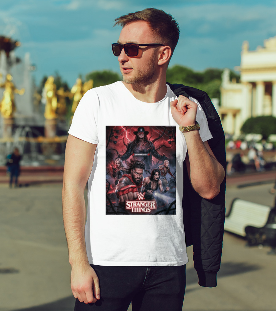 WWE And Stranger Things Crossover With The Undertaker, Roman Reigns, Cody Rhodes, Rhea Ripley, And Liv Morgan T-Shirt