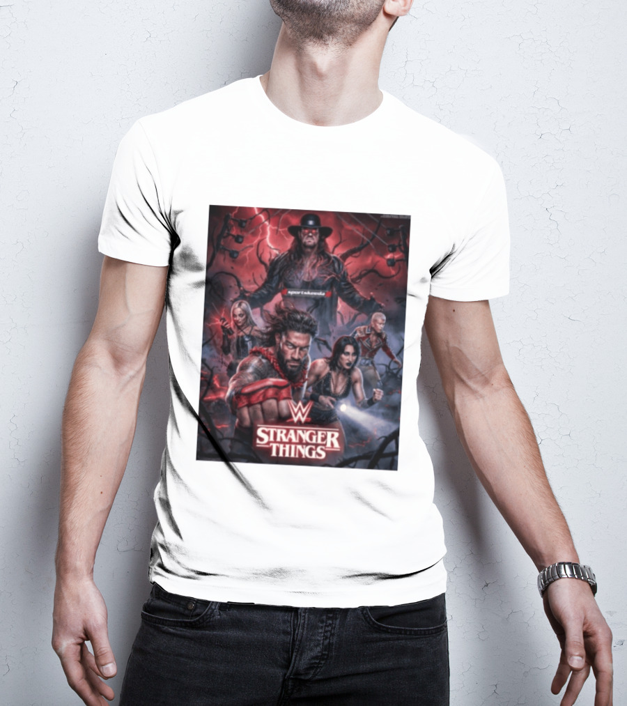 WWE And Stranger Things Crossover With The Undertaker, Roman Reigns, Cody Rhodes, Rhea Ripley, And Liv Morgan T-Shirt