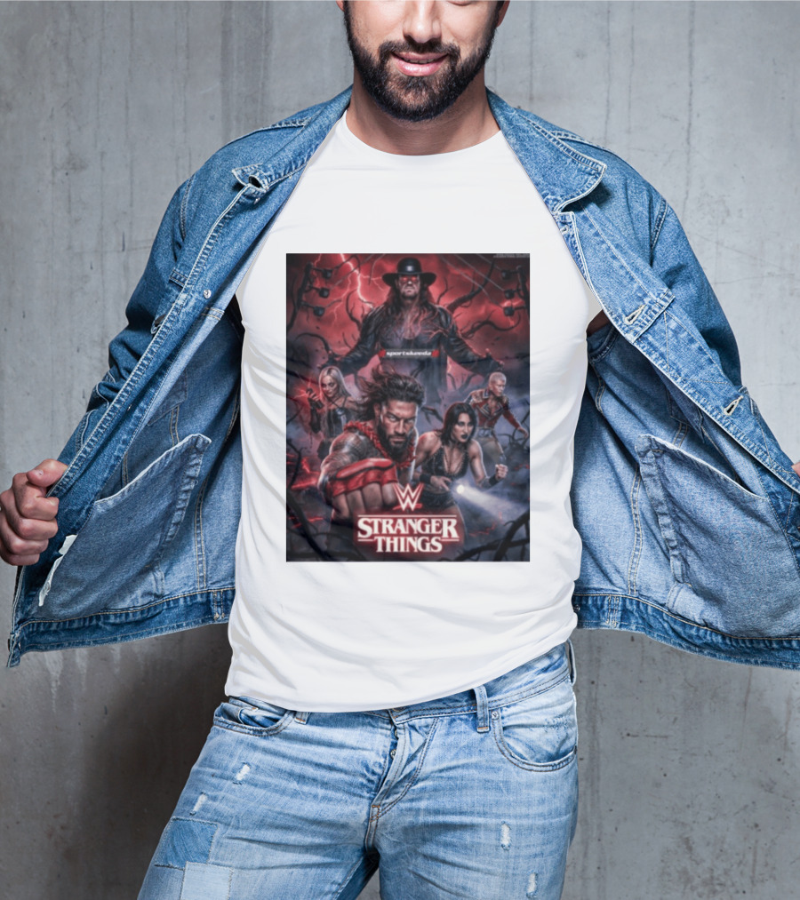 WWE And Stranger Things Crossover With The Undertaker, Roman Reigns, Cody Rhodes, Rhea Ripley, And Liv Morgan T-Shirt