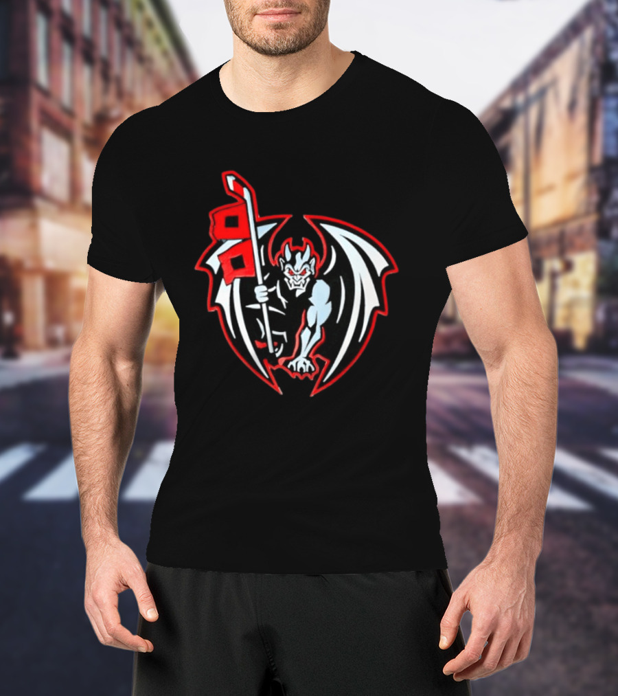 Greensboro Gargoyles Hockey Team Winged Gargoyle Holding Hockey Stick With Red Flag T-Shirt