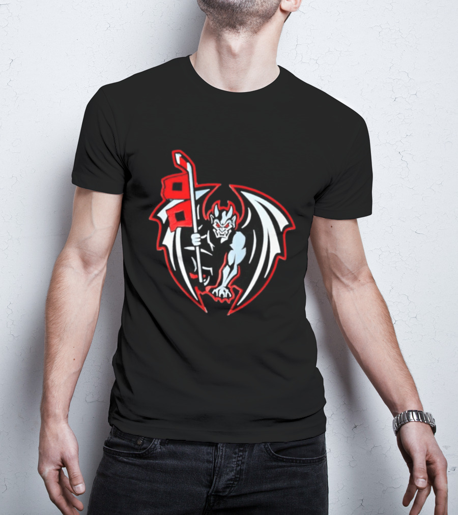 Greensboro Gargoyles Hockey Team Winged Gargoyle Holding Hockey Stick With Red Flag T-Shirt