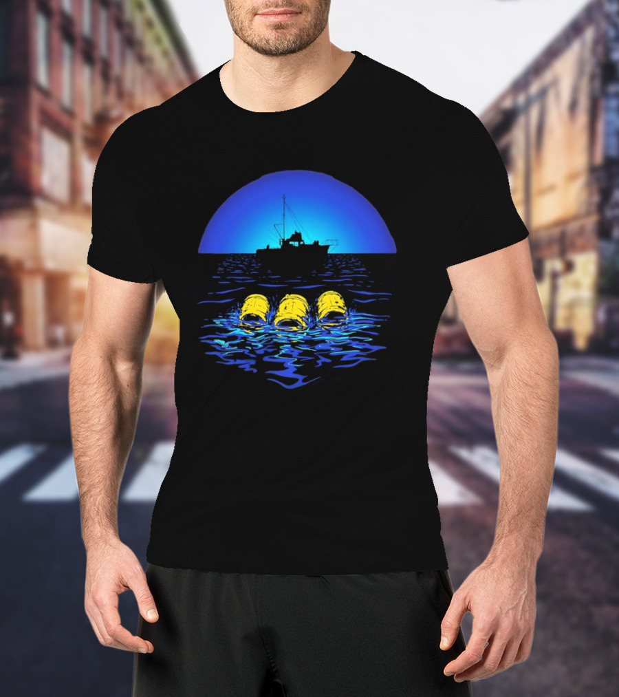 Jaws Orca Boat With Yellow Barrels Steven Spielberg Retro Ocean Scene T-Shirt