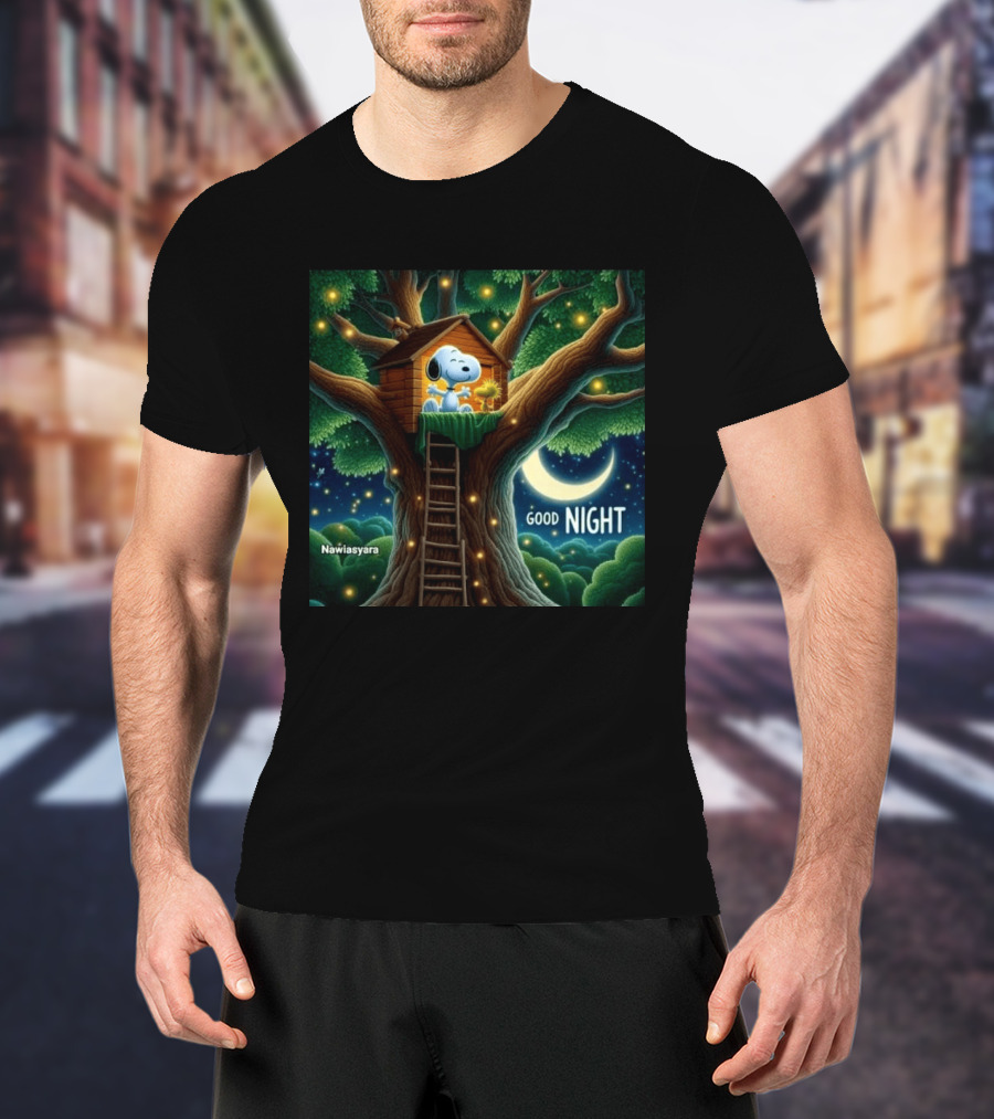 Leave A Heart If You Love Snoopy Good Night Treehouse Moonlit Scene T-Shirt
