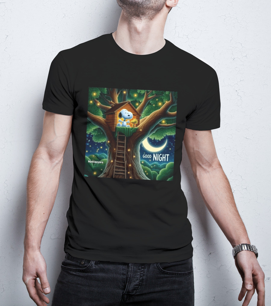 Leave A Heart If You Love Snoopy Good Night Treehouse Moonlit Scene T-Shirt