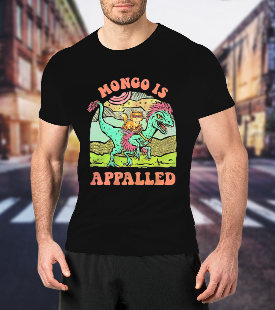 Mongo Is Appalled Cat Riding Dinosaur Raptor T-Shirt