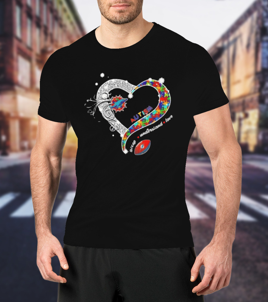 Miami Dolphins Autism Accept Understand Love Heart Diamond Puzzle T-Shirt