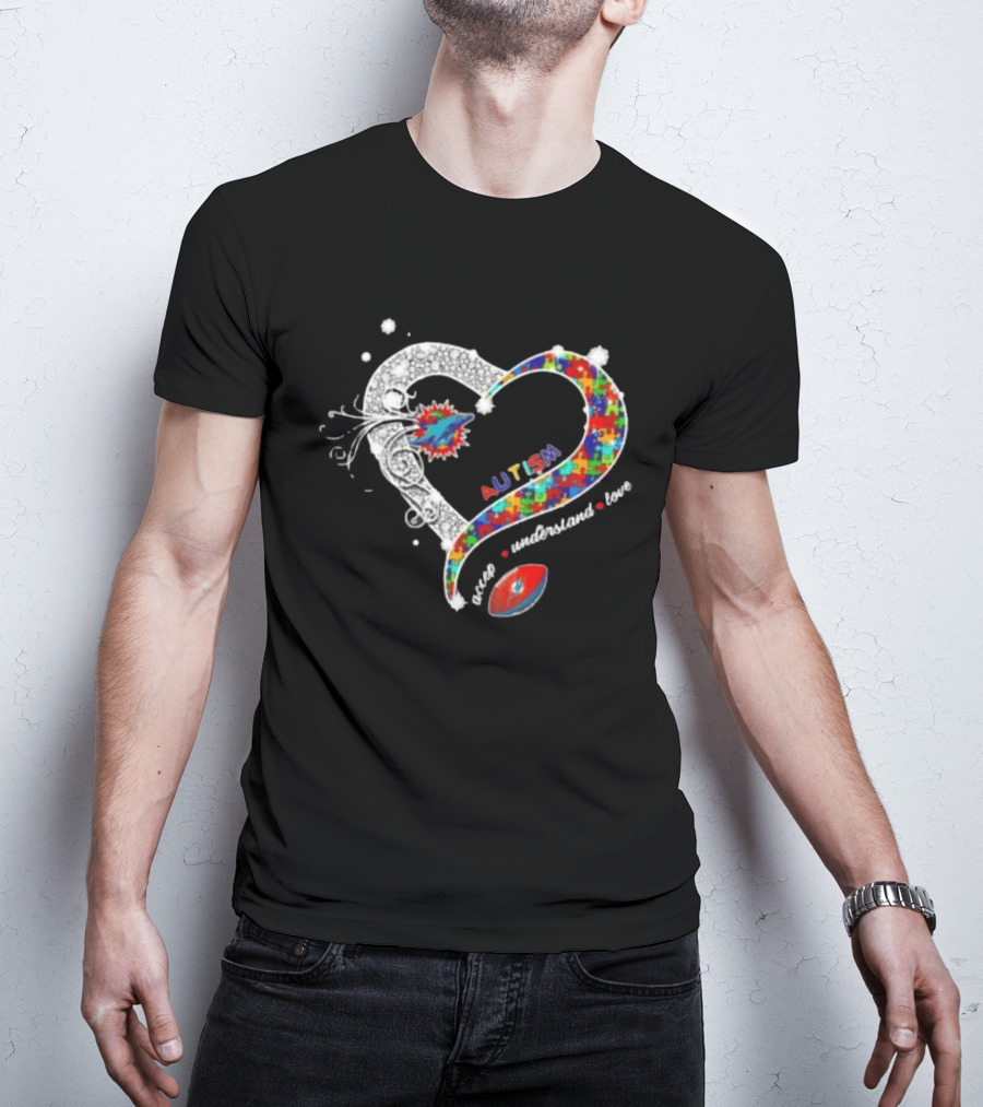 Miami Dolphins Autism Accept Understand Love Heart Diamond Puzzle T-Shirt