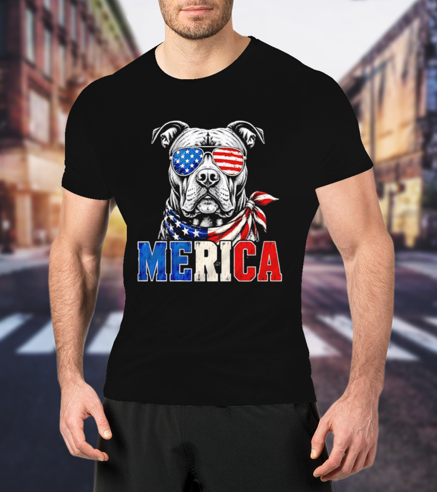 Patriotic Pit Bull Merica Dog With American Flag Sunglasses And Bandana T-Shirt