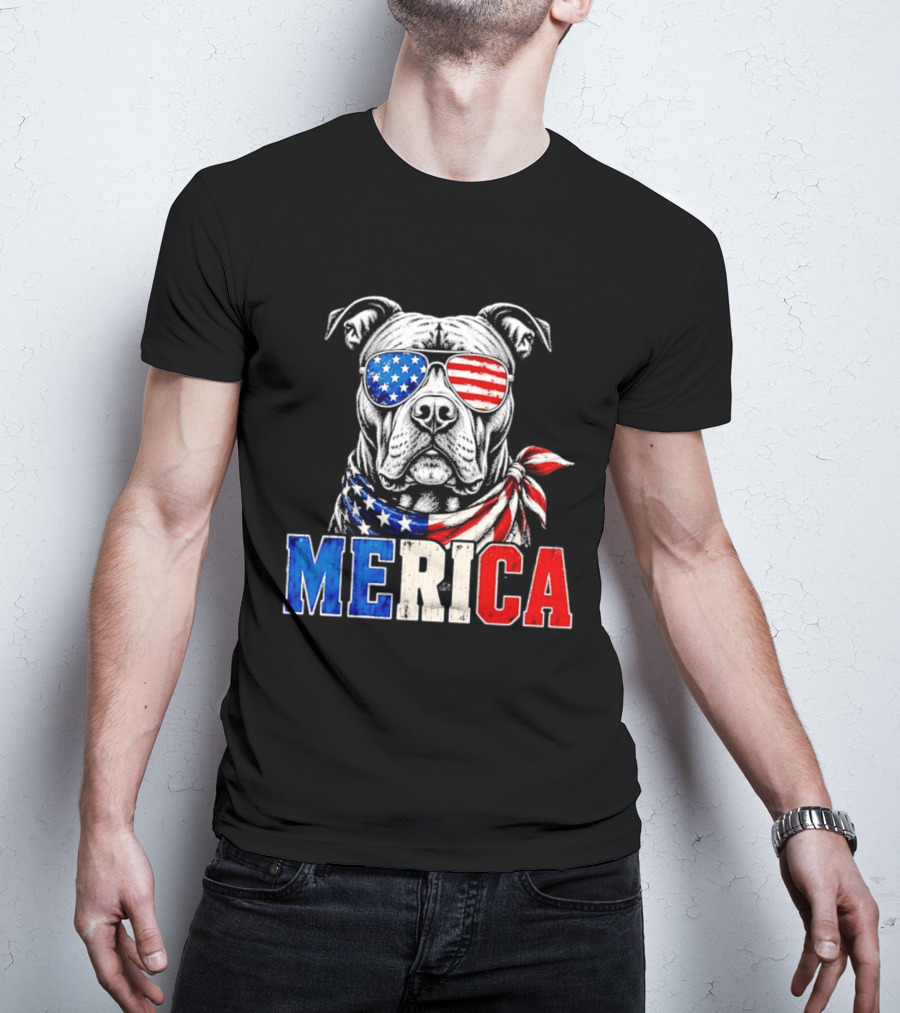 Patriotic Pit Bull Merica Dog With American Flag Sunglasses And Bandana T-Shirt