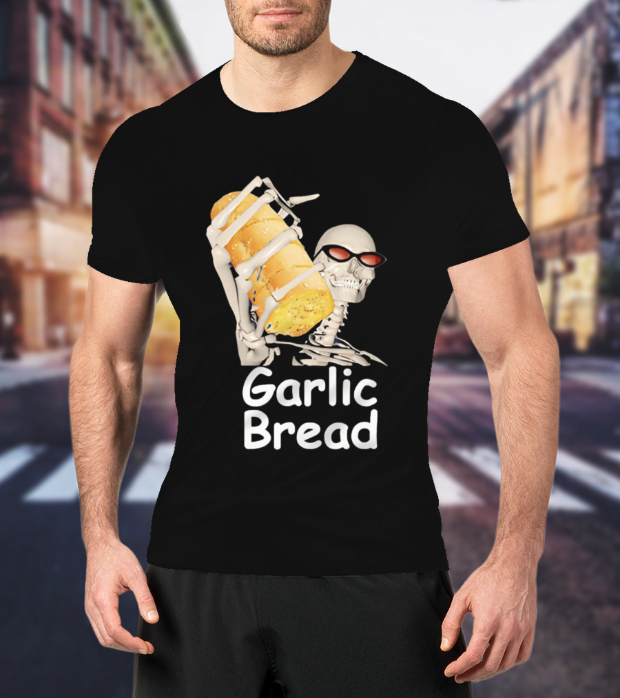 Skeleton Holding Baguette Garlic Bread Wearing Sunglasses T-Shirt
