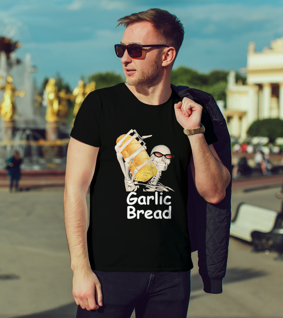 Skeleton Holding Baguette Garlic Bread Wearing Sunglasses T-Shirt