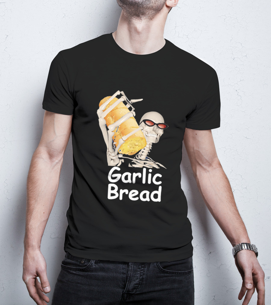 Skeleton Holding Baguette Garlic Bread Wearing Sunglasses T-Shirt