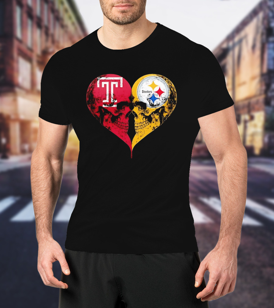 Temple Owls Pittsburgh Steelers Skulls Heart Shape Distressed T-Shirt