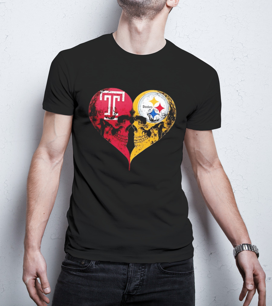 Temple Owls Pittsburgh Steelers Skulls Heart Shape Distressed T-Shirt