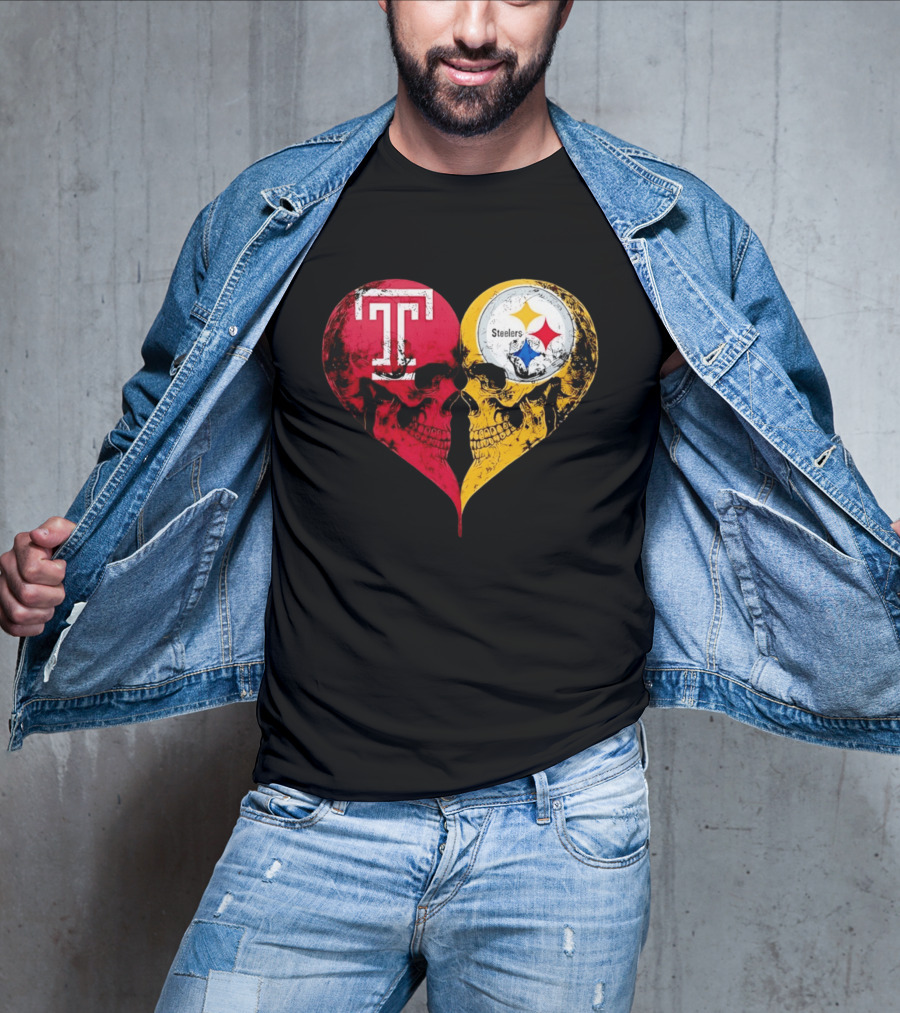 Temple Owls Pittsburgh Steelers Skulls Heart Shape Distressed T-Shirt