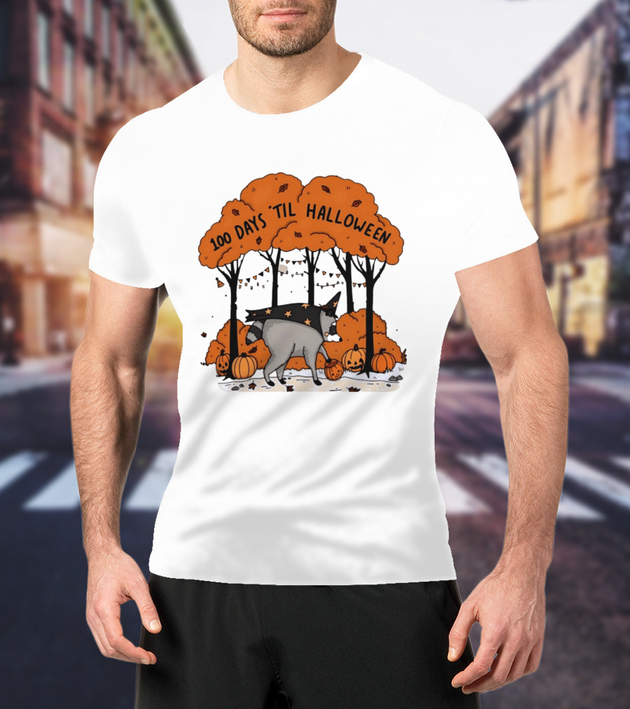 100 Days 'til Halloween Raccoon Wizard Costume In Pumpkin Patch Forest T-Shirt