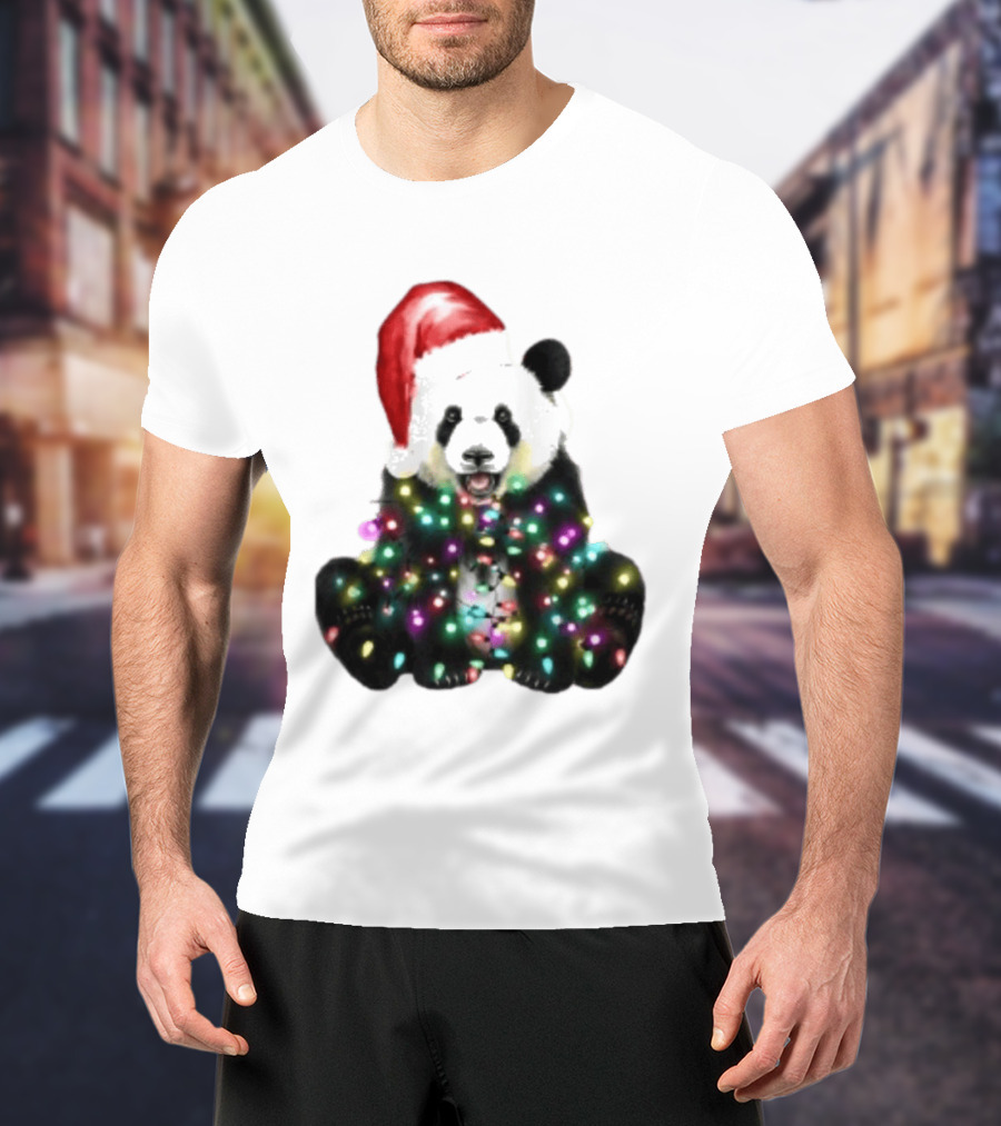 Panda With Christmas Lights And Santa Hat Holiday Animals T-Shirt