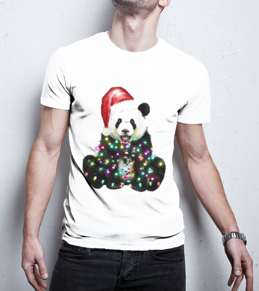Panda With Christmas Lights And Santa Hat Holiday Animals T-Shirt