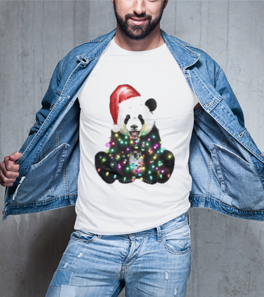 Panda With Christmas Lights And Santa Hat Holiday Animals T-Shirt