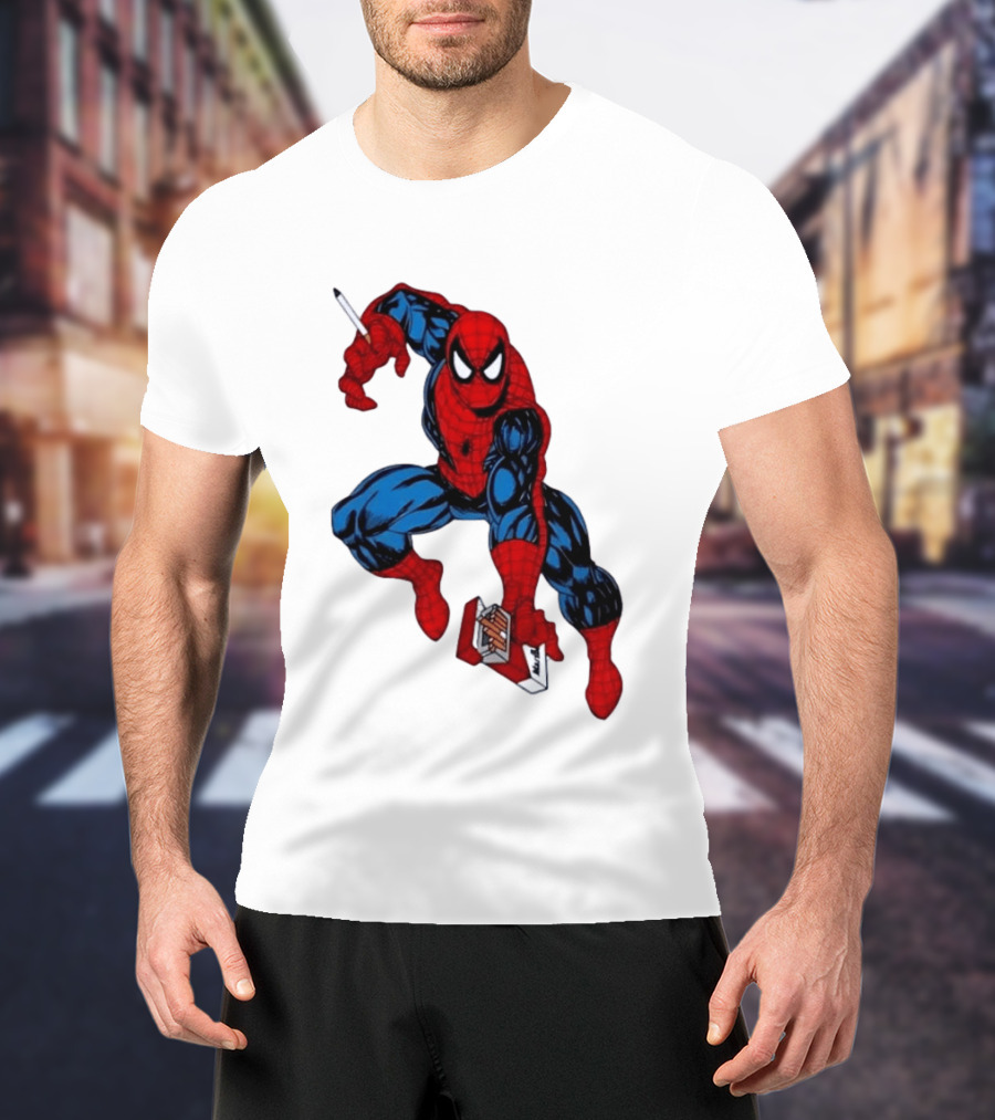 Marlboro Spider Man Crouching Holding Cigarette Packcartoon T-Shirt