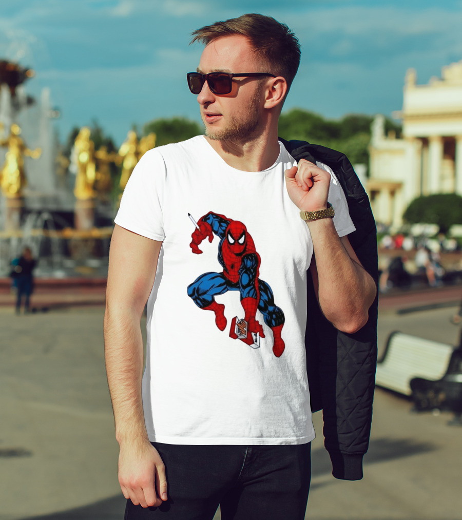 Marlboro Spider Man Crouching Holding Cigarette Packcartoon T-Shirt
