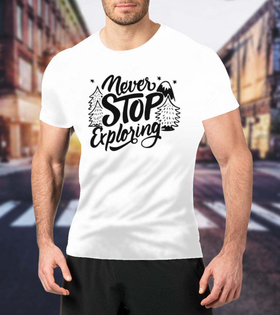 Never Stop Exploring Pine Trees Snowy Mountain Peak Stars T-Shirt