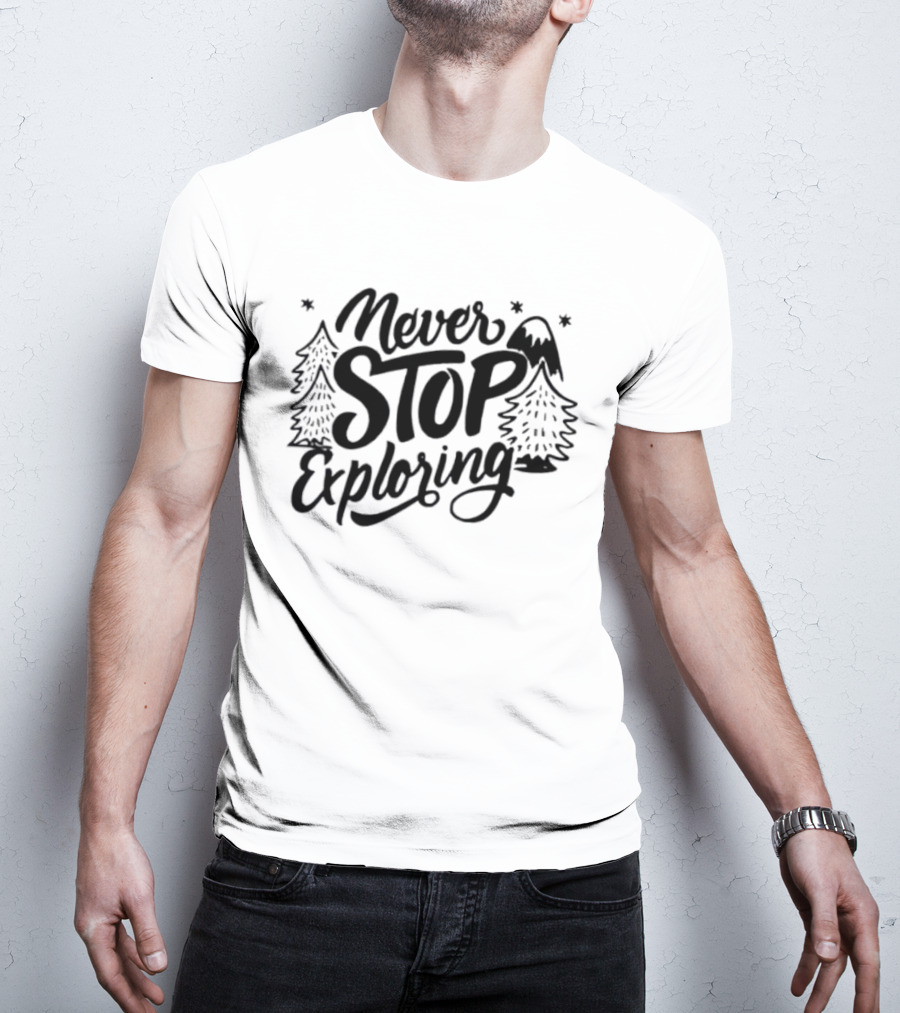 Never Stop Exploring Pine Trees Snowy Mountain Peak Stars T-Shirt