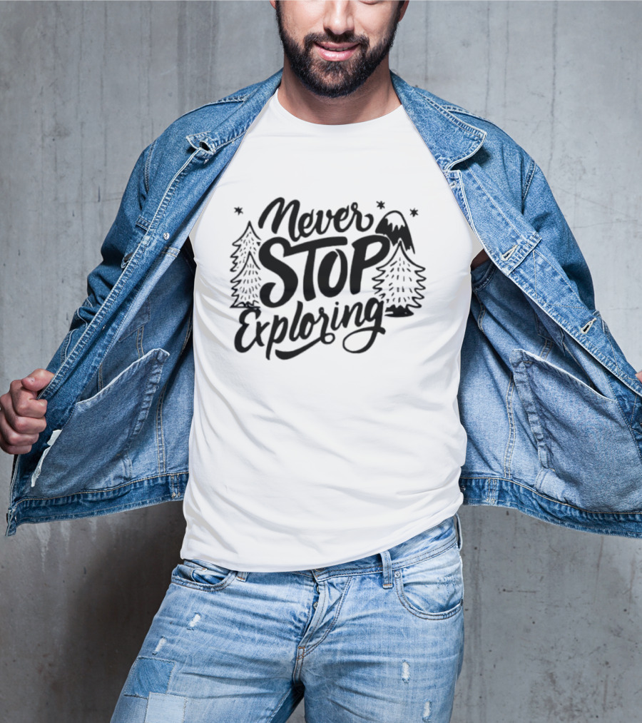 Never Stop Exploring Pine Trees Snowy Mountain Peak Stars T-Shirt