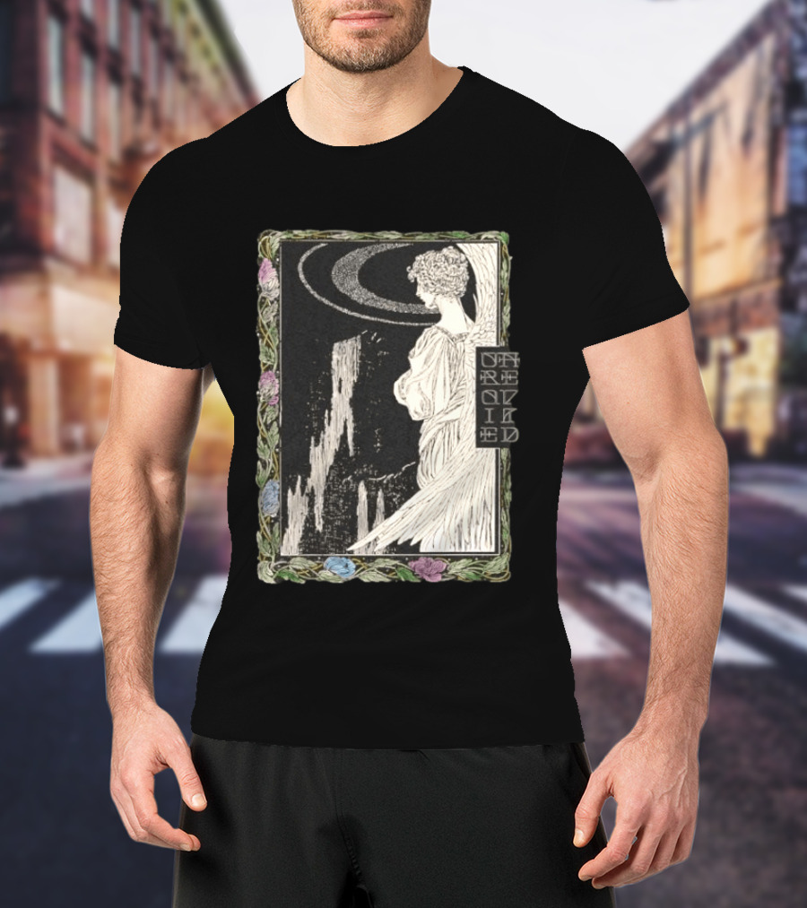 Angel Nouveau Unraveled Floral Frame Illustrative Art Winged Celestial Figure T-Shirt