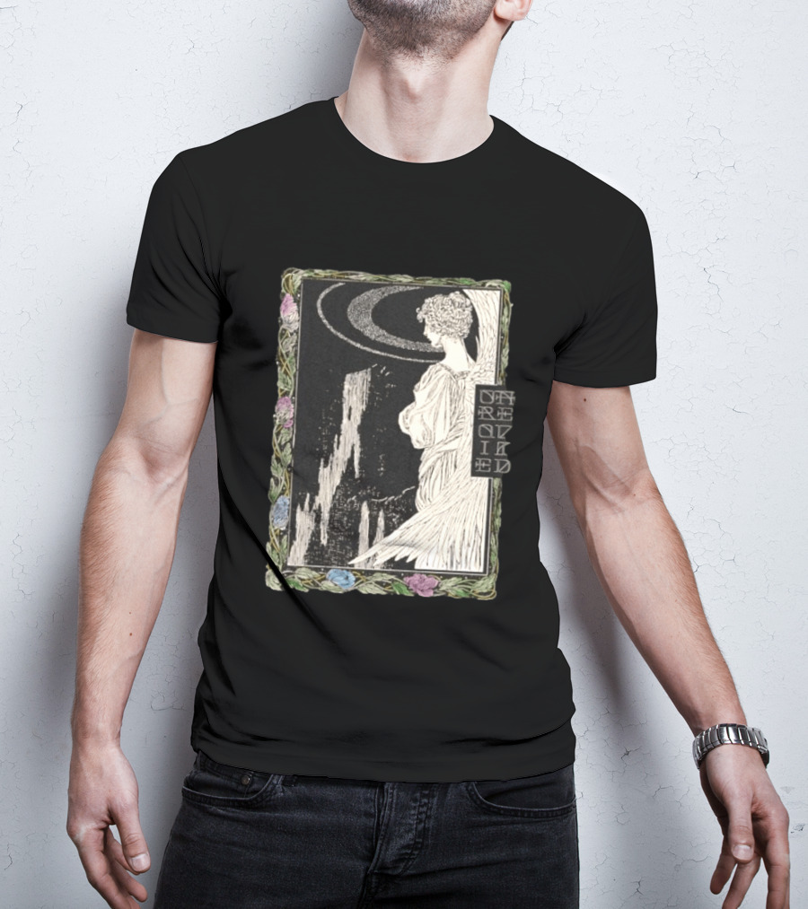Angel Nouveau Unraveled Floral Frame Illustrative Art Winged Celestial Figure T-Shirt