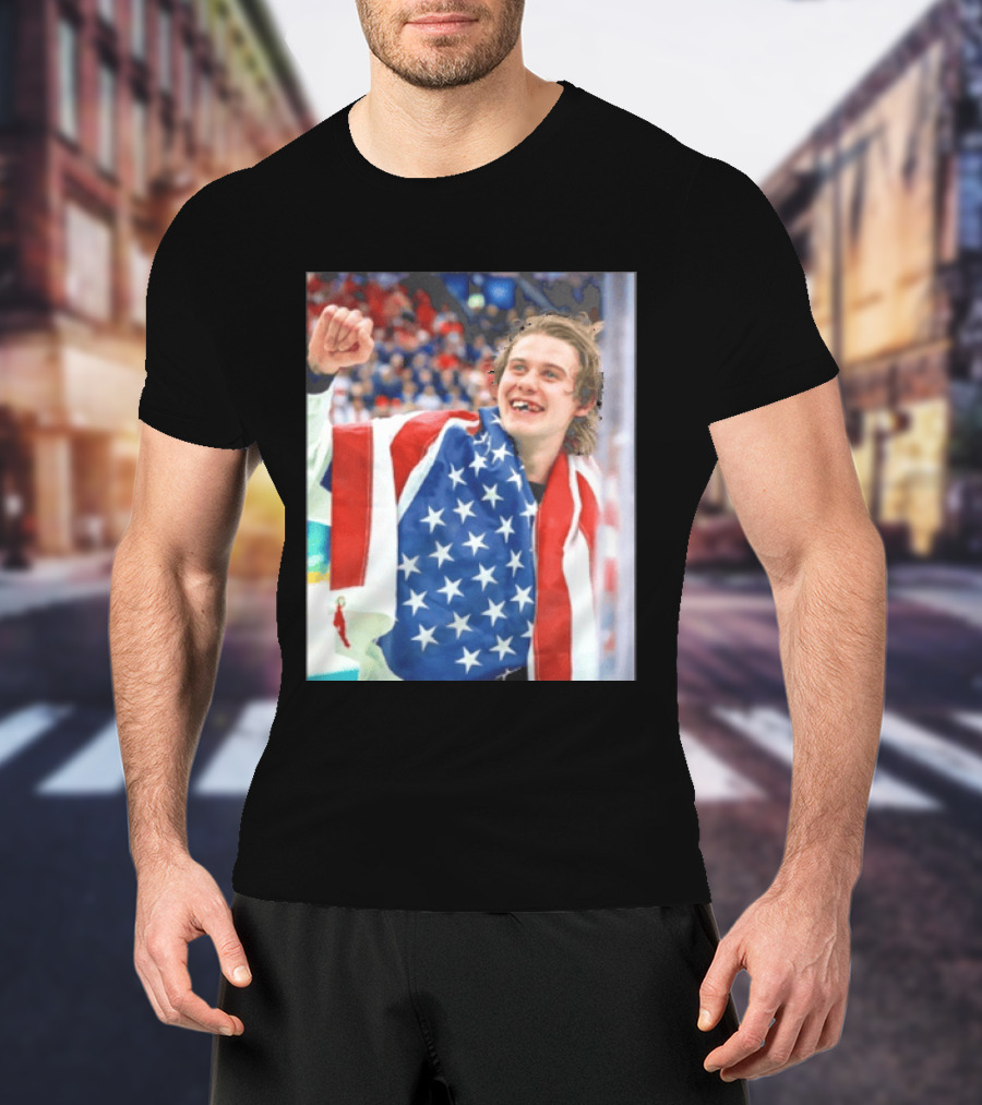Jack Hughes USA Hockey World Champs 2026 Victory Celebration American Flag T-Shirt