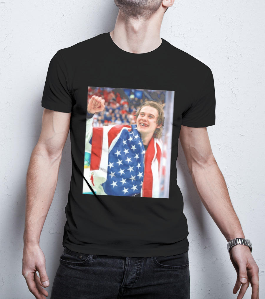 Jack Hughes USA Hockey World Champs 2026 Victory Celebration American Flag T-Shirt