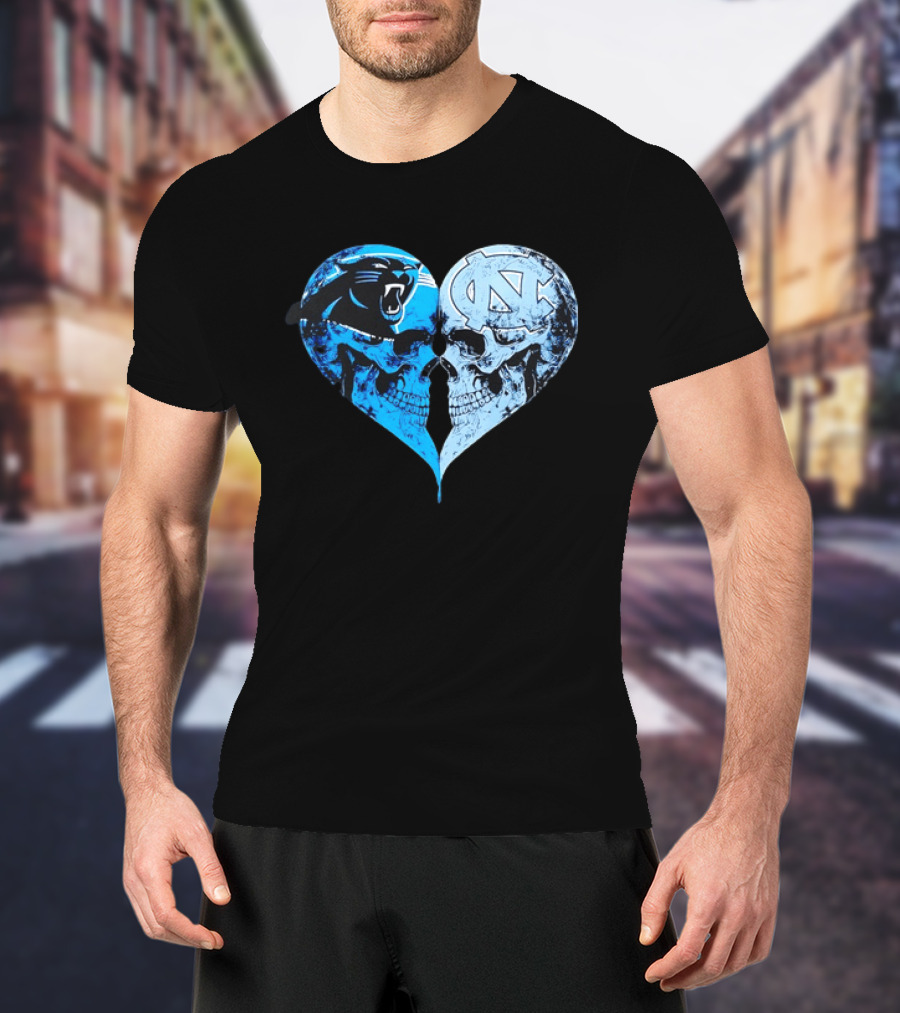 Carolina Panthers North Carolina Tar Heels Skulls Face To Face Heart Shape T-Shirt