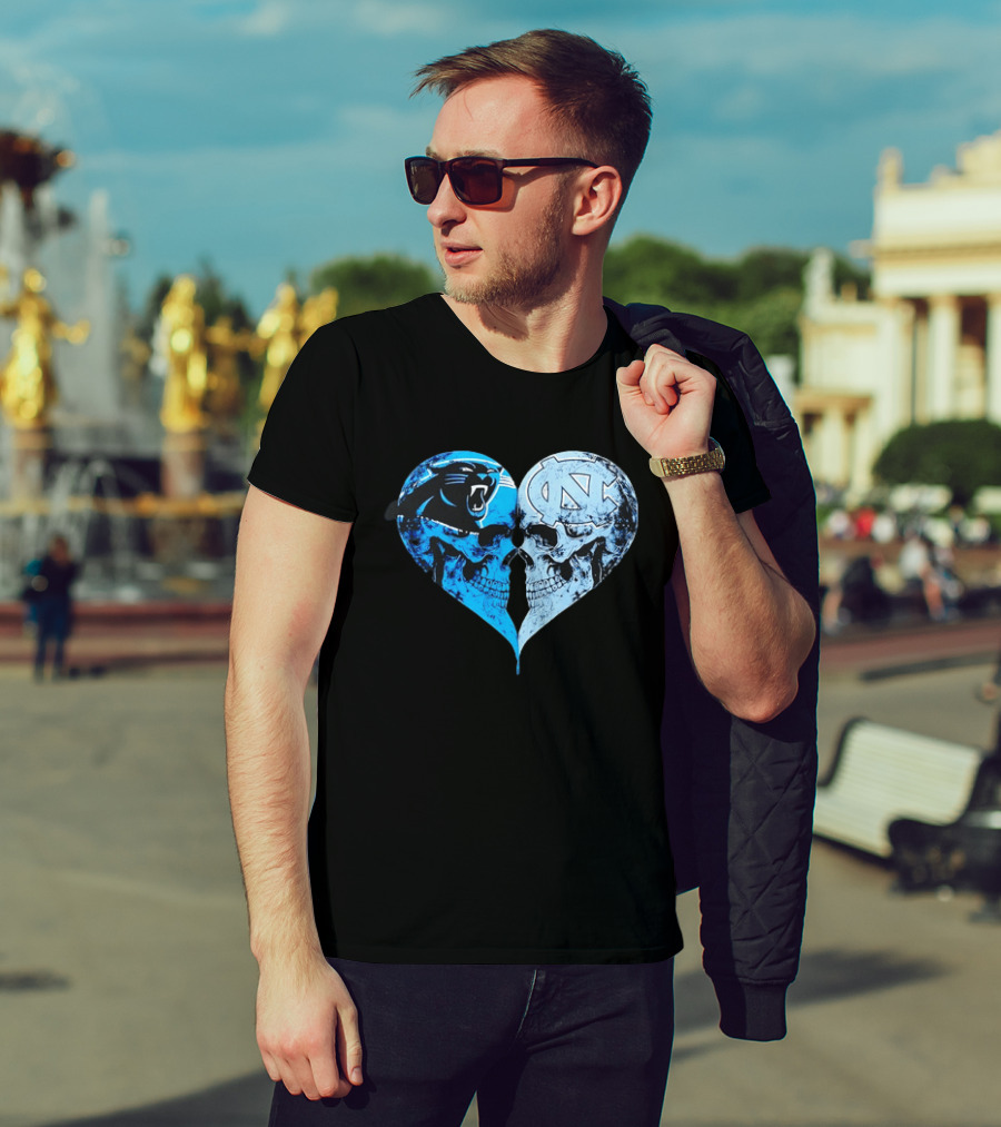 Carolina Panthers North Carolina Tar Heels Skulls Face To Face Heart Shape T-Shirt